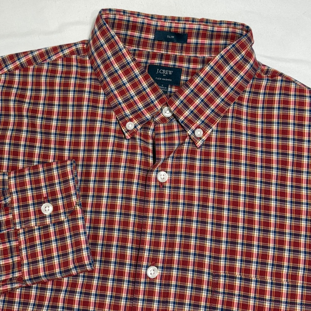 J.Crew Flex Washed Shirt Mens L Red Blue Plaid Slim Fit G0275 Stretch Ivy League